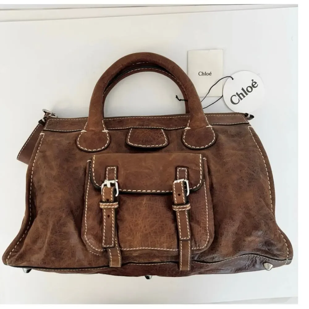 Chloe Edith Tote Bag Top Handle in Brown Nubuck Leather Made in Italy Authentic